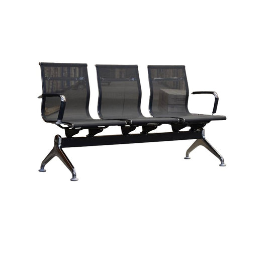 Three seater gang chair featuring sleek black seats arranged in a row.