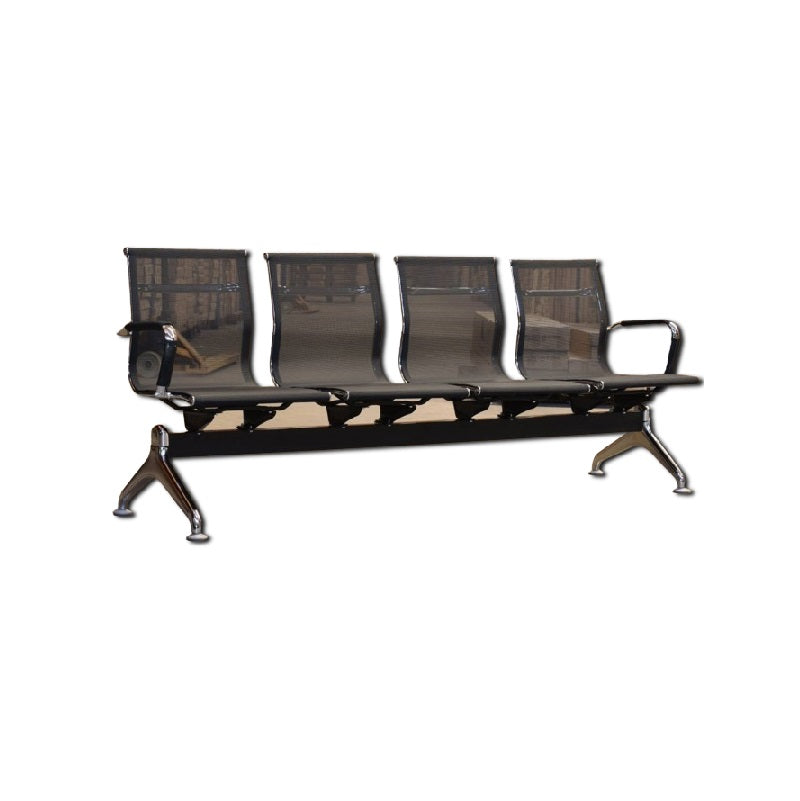 Four seater gang chair featuring sleek black seats arranged in a row.