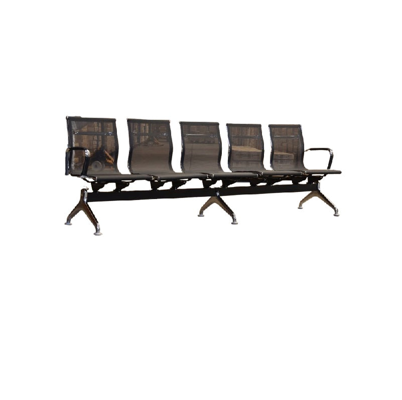 Five seater gang chair featuring sleek black seats arranged in a row.