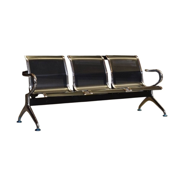 Three seater gang chair featuring sleek black seats arranged in a row.