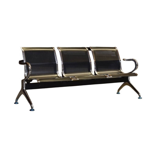 Three seater gang chair featuring sleek black seats arranged in a row.