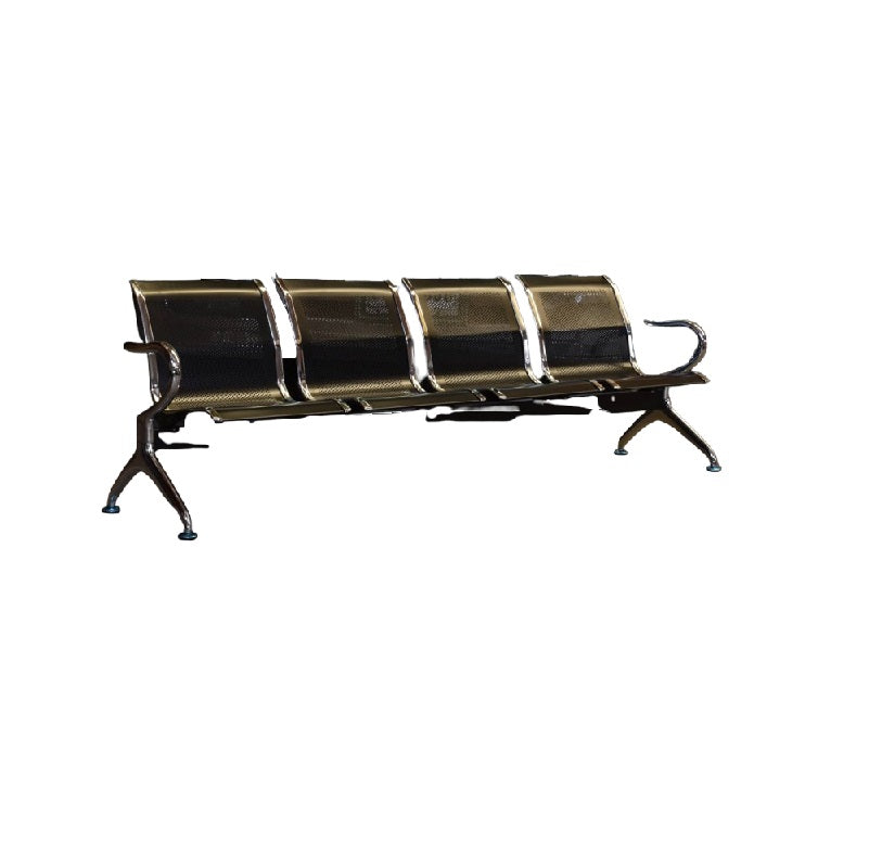 Four seater gang chair featuring sleek black seats arranged in a row.