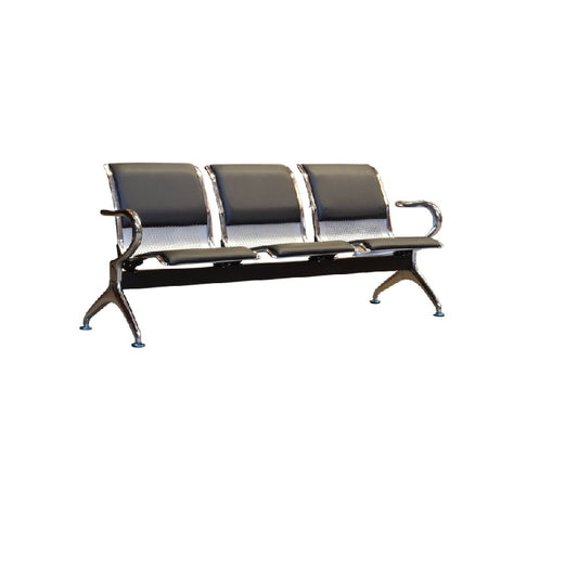 Three seater gang chair with back and seat foam, featuring sleek black seats arranged in a row.