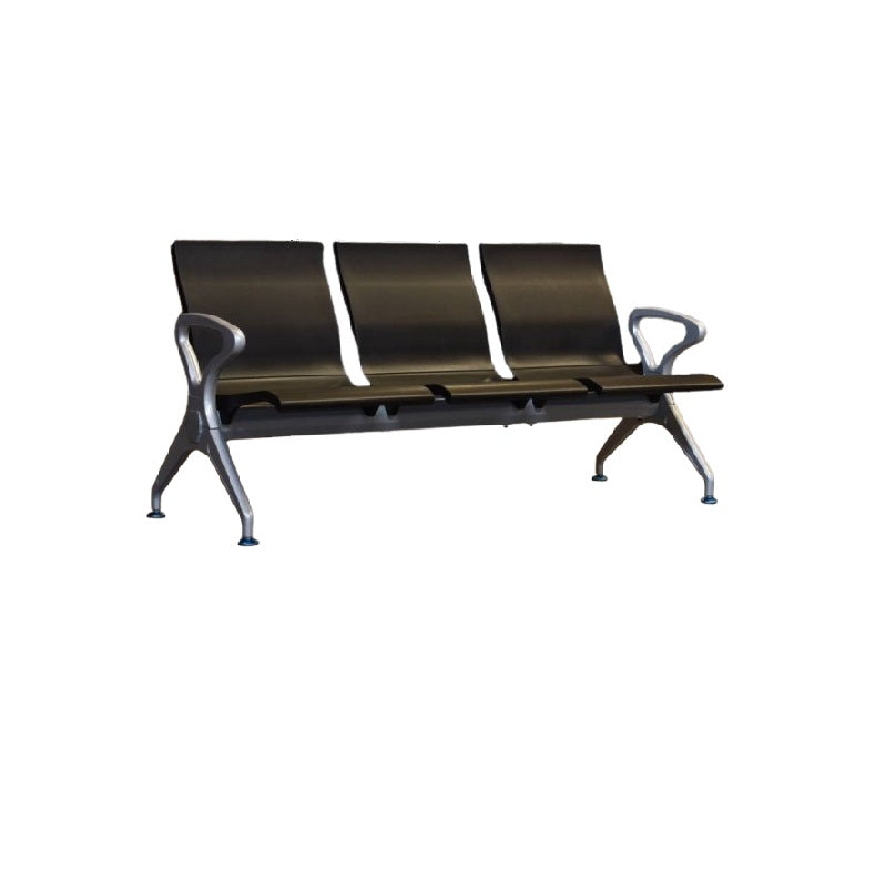 Three seater gang chair featuring sleek black seats arranged in a row.