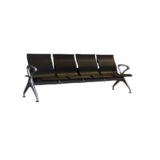 Four seater gang chair featuring sleek black seats arranged in a row.