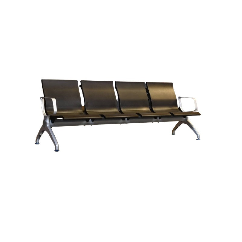 Four seater gang chair featuring sleek black seats arranged in a row.