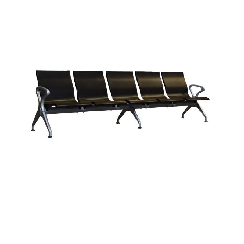 Five seater gang chair featuring sleek black seats arranged in a row.