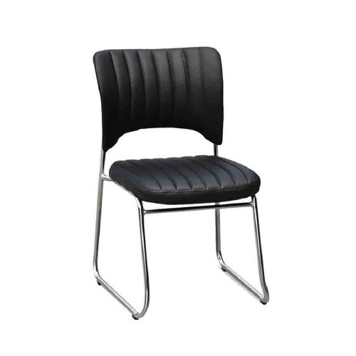 A sleek black leather chair featuring a chrome frame and seat, showcasing modern design and elegance.