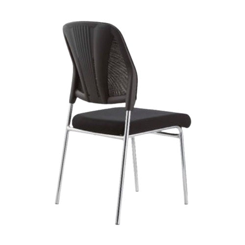 Modern black chair with a sleek metal frame and soft black seat, perfect for stylish seating solutions.