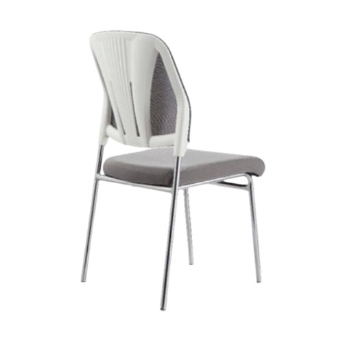 A white chair featuring a sturdy metal frame and a comfortable gray seat, ideal for modern interiors.
