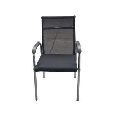 Stylish black chair with a durable metal frame and a plush black seat, suitable for contemporary spaces.