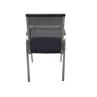Stylish black chair with a durable metal frame and a plush black seat, suitable for contemporary spaces.