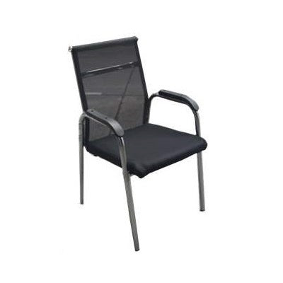 Stylish black chair with a durable metal frame and a plush black seat, suitable for contemporary spaces.