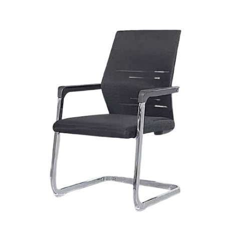 A sled base black visitor chair featuring a chrome frame and a comfortable black seat, ideal for modern workspaces.