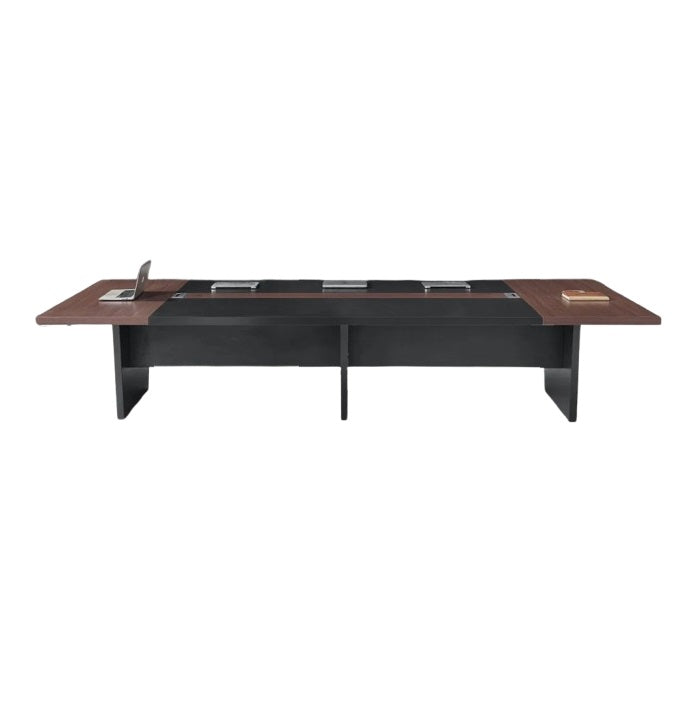 A rectangular table featuring a sleek black base and a warm wooden top, ideal for dining or workspace settings.