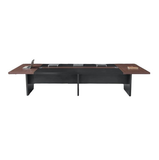 A rectangular table featuring a sleek black base and a warm wooden top, ideal for dining or workspace settings.