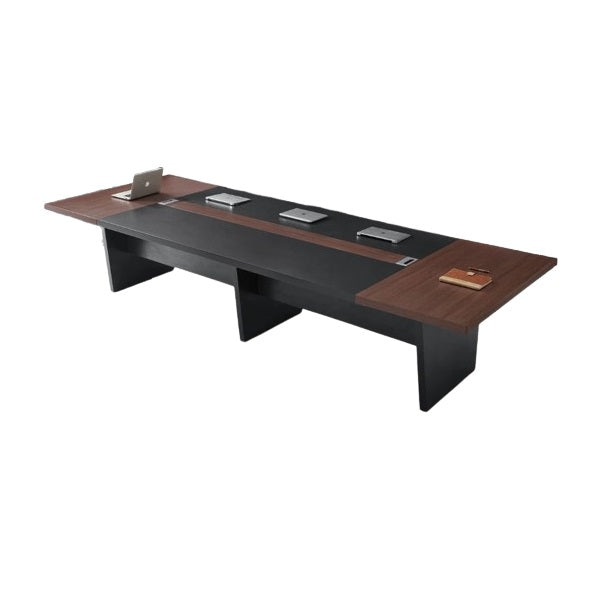 A rectangular table featuring a sleek black base and a warm wooden top, ideal for dining or workspace settings.