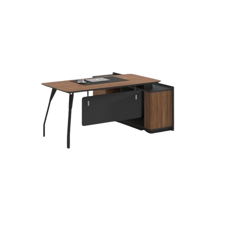 An office desk featuring a sleek black and brown wooden top, showcasing a modern and professional design.