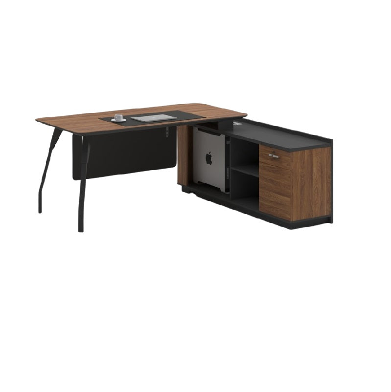 An office desk featuring a sleek black and brown wooden top, showcasing a modern and professional design.