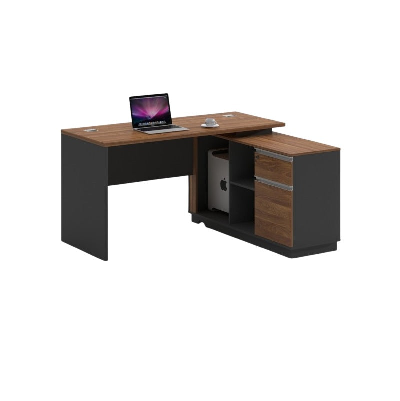 An office desk featuring a sleek black and brown wooden top, showcasing a modern and professional design.