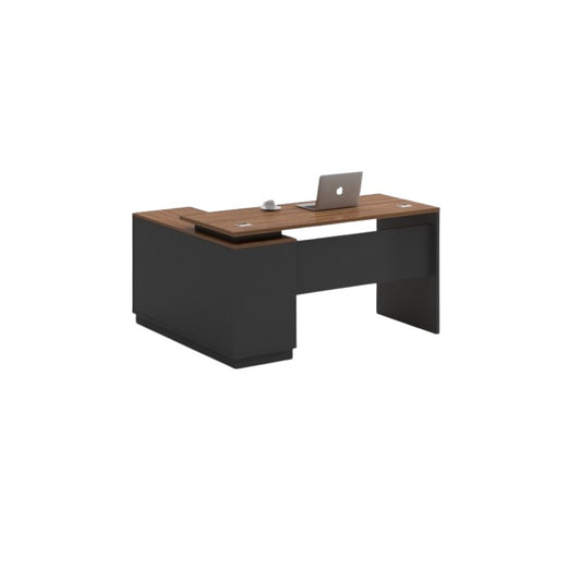 An office desk featuring a sleek black and brown wooden top, showcasing a modern and professional design.