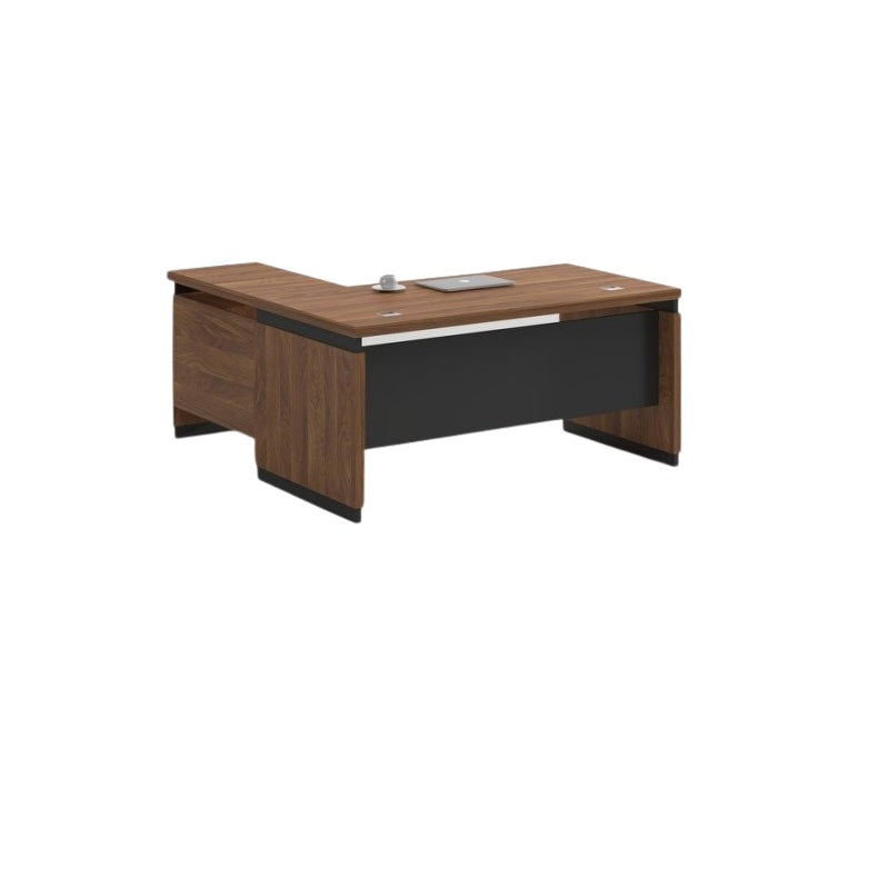 An office desk featuring a sleek black and brown wooden top, showcasing a modern and professional design.
