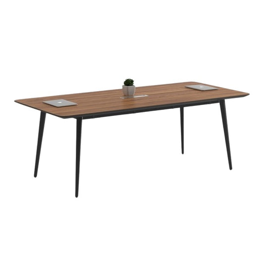 A rectangular table featuring a sleek black base and a warm wooden top, ideal for dining or workspace settings.