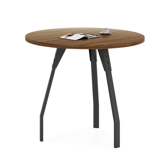 A circular table featuring a sleek black base and a warm wooden top, ideal for dining or workspace settings.