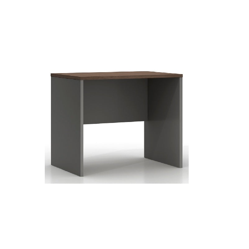 A stylish desk with a natural wood surface and contemporary gray legs, perfect for any workspace.