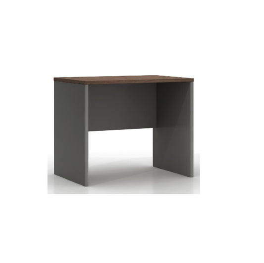 A stylish desk with a natural wood surface and contemporary gray legs, perfect for any workspace.