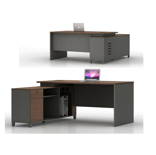 An office desk featuring a sleek black and brown wooden top, showcasing a modern and professional design.