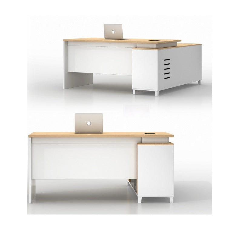 An office desk featuring a sleek white and natural wooden top, showcasing a modern and professional design.