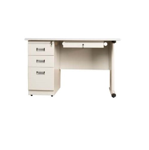 A sleek white desk with functional drawers and an additional center drawer, ideal for an organized office environment
