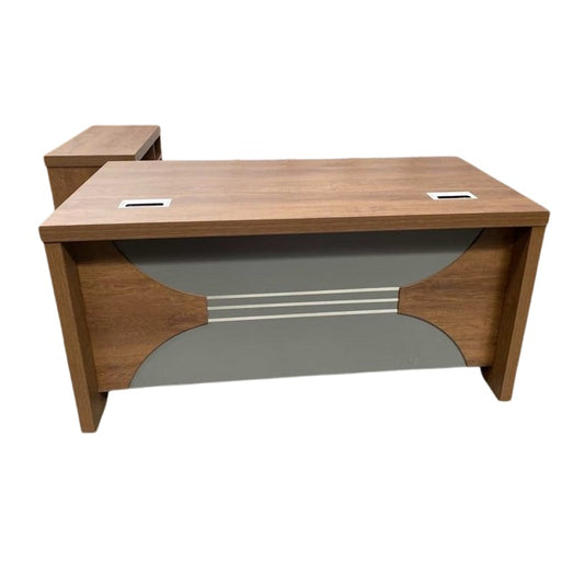 A stylish desk with a natural wood surface and contemporary gray legs, perfect for any workspace.