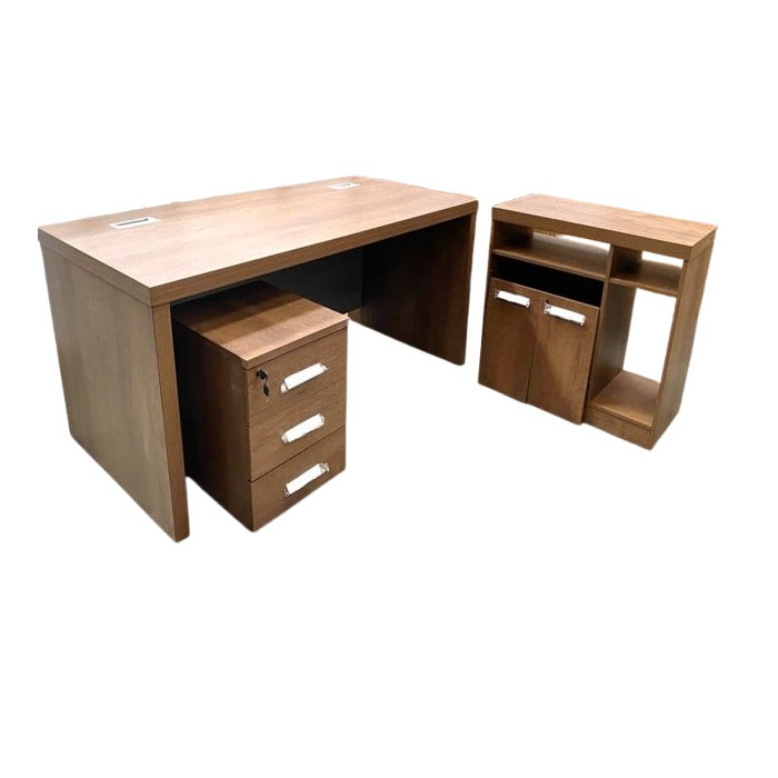 A stylish desk with a natural wood surface and contemporary gray legs, perfect for any workspace.