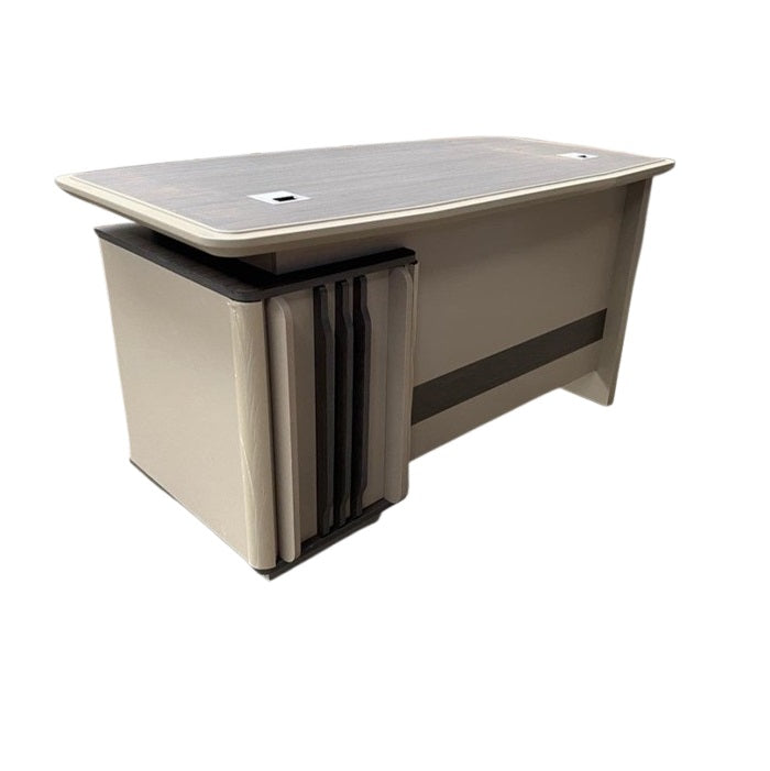 A stylish desk with a natural wood surface and contemporary gray legs, perfect for any workspace.
