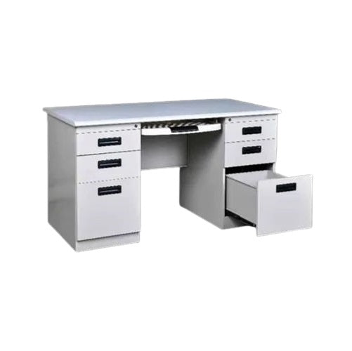 A white desk featuring drawers alongside a matching file cabinet, creating a clean and organized workspace.
