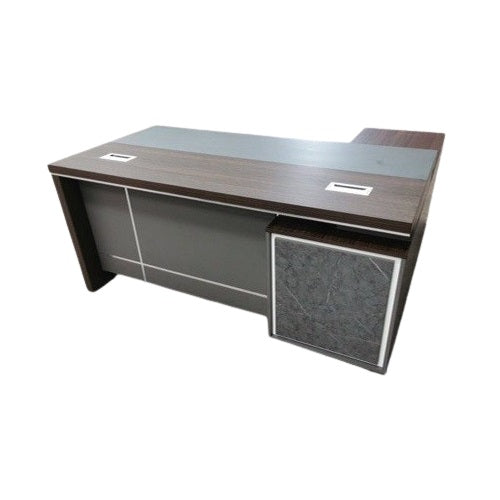 A stylish desk with a natural wood surface and contemporary gray legs, perfect for any workspace.