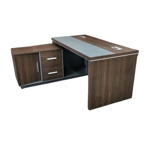 A stylish desk with a natural wood surface and contemporary gray legs, perfect for any workspace.