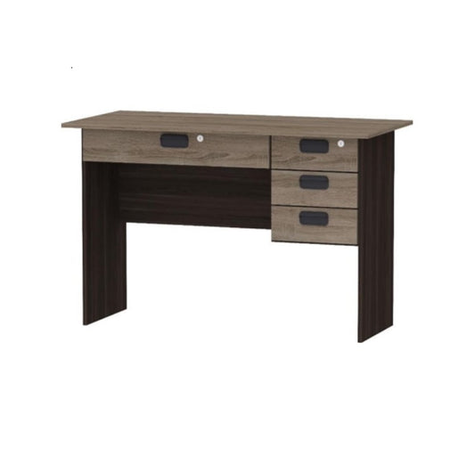 A modern desk equipped with three drawers on the sides and a central drawer, ideal for a tidy and efficient workspace.