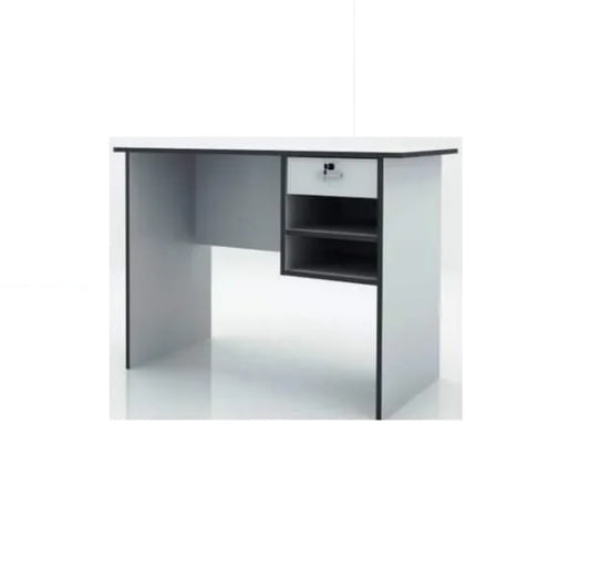 Modern desk design with one drawer & two open shelves, perfect for organizing office essentials.