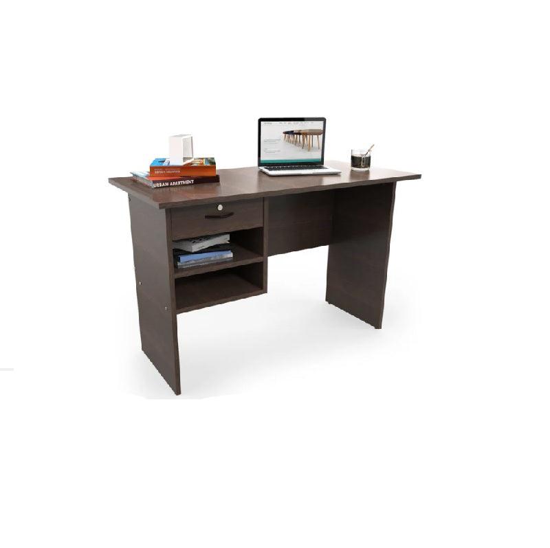 Modern desk design with one drawer & two open shelves, perfect for organizing office essentials.