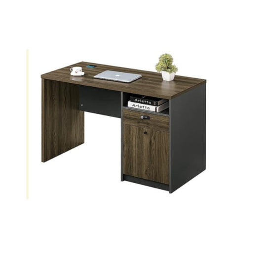 A office desk with a wooden drawer, perfect for efficient workspace management.