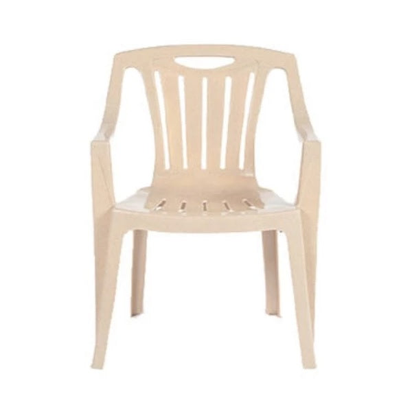 A plastic chair with armrests and a back, ideal for both indoor and outdoor use.