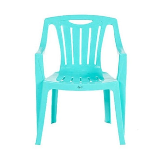 A plastic chair with armrests and a back, ideal for both indoor and outdoor use.