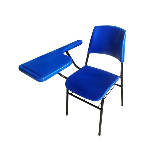 A plastic chair with a table resting on it, demonstrating a compact and efficient furniture setup.
