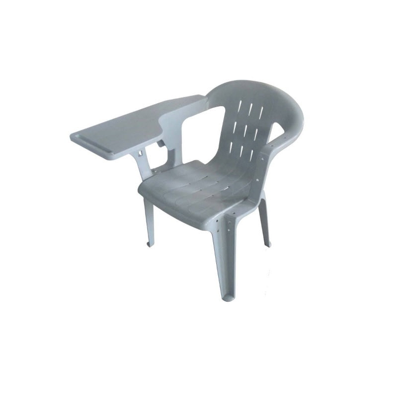 A plastic chair with a table resting on it, demonstrating a compact and efficient furniture setup.