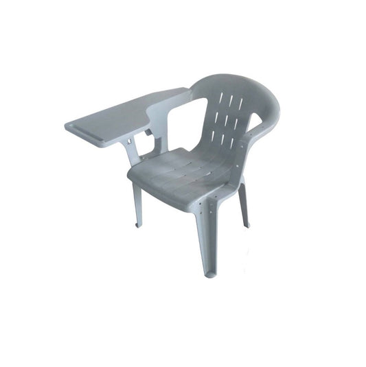 A plastic chair with a table resting on it, demonstrating a compact and efficient furniture setup.