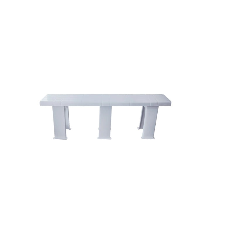 A plastic bench with sturdy legs, designed for outdoor or indoor seating.