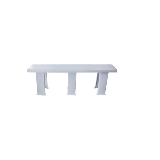 A plastic bench with sturdy legs, designed for outdoor or indoor seating.